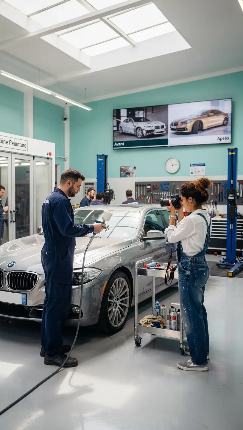 Poste de travail avec équipements de redressage et préparation à la peinture automobile.