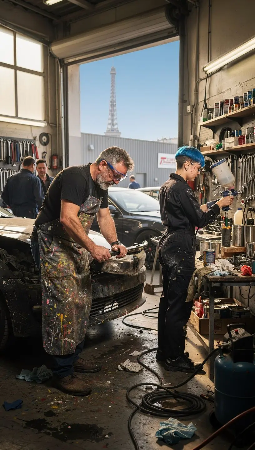 Technicien appliquant une peinture automobile de haute qualité sur une carrosserie rénovée.