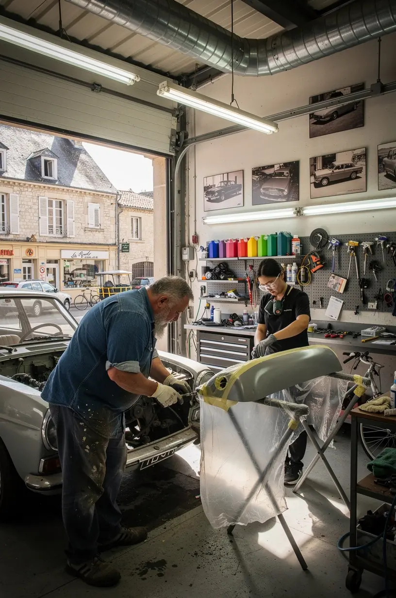Véhicule ancien restauré avec soin dans un garage professionnel en France.